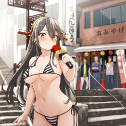 Rule 34 | 1girl, 4boys, admiral (kancolle), bikini, breasts, commentary request, commission, cowboy shot, day, embarrassed, hairband, haruna (kancolle), headgear, highres, kantai collection, large breasts, microphone, multiple boys, multiple others, navel, outdoors, public indecency, reporter, side-tie bikini bottom, sign, skeb commission, solo focus, stairs, standing, striped bikini, striped clothes, swimsuit, translated, watanore