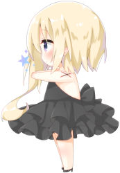 Rule 34 | 1girl, backless dress, backless outfit, bare arms, bare back, bare shoulders, black dress, black footwear, blonde hair, blue eyes, blush, chibi, clapping, closed mouth, dress, from side, full body, hair between eyes, high heels, layered dress, long hair, original, outstretched arms, profile, simple background, solo, standing, star (symbol), tia-chan, uchuuneko, very long hair, white background