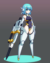 Rule 34 | 1girl, :&lt;, asymmetrical arms, bare shoulders, black sclera, blue hair, breasts, colored sclera, commentary request, covered navel, curo, full body, green eyes, leotard, looking at viewer, mecha musume, mechanical arms, mechanical ears, mechanical legs, medium breasts, medium hair, no feet, original, pile bunker, simple background, solo