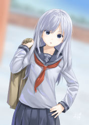Rule 34 | 1girl, anchor symbol, aruma (sawayaka tokuko miruku), blue eyes, blue sailor collar, blue skirt, blurry, blurry background, brown jacket, collarbone, commentary request, depth of field, grey hair, grey shirt, hair between eyes, hand on own hip, hibiki (kancolle), highres, holding, holding clothes, holding jacket, jacket, unworn jacket, kantai collection, long hair, long sleeves, neckerchief, parted lips, pleated skirt, red neckerchief, sailor collar, shirt, signature, skirt, solo, very long hair