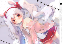 Rule 34 | 1girl, absurdres, animal ears, azur lane, bare shoulders, blush, camisole, closed mouth, collarbone, fur-trimmed sleeves, fur trim, hair between eyes, hair ornament, hair scrunchie, hairband, highres, jacket, laffey (azur lane), long hair, long sleeves, lying, off shoulder, on side, open clothes, open jacket, pennant, pink jacket, pleated skirt, rabbit ears, red eyes, red hairband, red scrunchie, red skirt, scan, scrunchie, shiratama (shiratamaco), silver hair, skindentation, skirt, solo, star (symbol), string of flags, thighhighs, translation request, twintails, very long hair, white camisole, white thighhighs