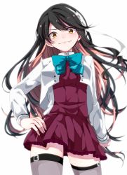Rule 34 | 1girl, aqua bow, aqua bowtie, black hair, blurry, blush, bow, bowtie, breasts, buttons, closed mouth, collared jacket, depth of field, eyes visible through hair, fang, fang out, from below, grey thighhighs, hair ribbon, halterneck, hand on own hip, highres, jacket, kantai collection, kokuya, long hair, long sleeves, looking at viewer, medium breasts, multicolored hair, naganami (kancolle), naganami kai ni (kancolle), pink hair, pleated skirt, purple shirt, purple skirt, ribbon, school uniform, shirt, simple background, skirt, smile, solo, standing, thighhighs, thighs, tsurime, two-tone hair, white background, white jacket, white ribbon, yellow eyes