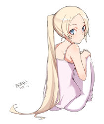 Rule 34 | 1girl, bare arms, bare shoulders, blue eyes, closed mouth, dated, full body, leotard, long hair, looking at viewer, looking back, maze (gochama ze gohan), original, pantyhose, parted bangs, pink leotard, ponytail, signature, simple background, sitting, solo, very long hair, white background, white pantyhose