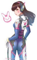 Rule 34 | 1girl, artist name, ass, blue bodysuit, bodysuit, breasts, brown eyes, brown hair, character name, clothes writing, cowboy shot, d.va (overwatch), emblem, facepaint, facial mark, from behind, headphones, high collar, highres, long hair, looking at viewer, looking back, overwatch, overwatch 1, parted lips, pilot suit, pink lips, ribbed bodysuit, senasky, shoulder pads, signature, simple background, skin tight, small breasts, solo, swept bangs, twisted torso, whisker markings, white background