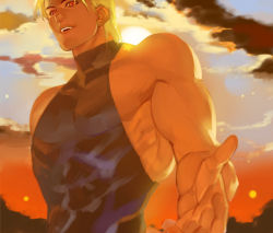 Rule 34 | 1boy, bad id, bad pixiv id, bare shoulders, birthmark, blonde hair, cloud, cloudy sky, dio brando, emg (christain), fangs, jojo no kimyou na bouken, looking at viewer, looking down, male focus, manly, muscular, outstretched hand, red eyes, red sky, skin tight, sky, sleeveless, sleeveless turtleneck, solo, star (symbol), sun, turtleneck