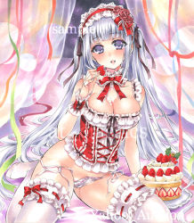 Rule 34 | 1girl, artist name, at classics, black ribbon, blue hair, blunt bangs, blush, breasts, cake, cleavage, collar, detached collar, flower, food, frilled collar, frills, fruit, groin, hair flower, hair ornament, hair ribbon, hairband, holding, holding food, holding fruit, long hair, looking at viewer, medium breasts, no pants, no shoes, open mouth, original, panties, purple eyes, ribbon, ribbon-trimmed legwear, ribbon trim, sample watermark, side-tie panties, solo, strawberry, thighhighs, traditional media, two side up, underwear, untied panties, very long hair, watermark, white panties, white thighhighs, wristband