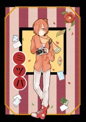 Rule 34 | 1boy, androgynous, black border, blush, border, buttons, camera, cardigan, character name, circle, commentary request, cross-laced footwear, flower, full body, hair over one eye, high tops, highres, inset border, jibaku shounen hanako-kun, lavender background, leaf, looking at viewer, male focus, mitsuba sousuke, miyagi2627, multicolored background, multicolored clothes, multicolored scarf, octagon, orange border, orange cardigan, orange eyes, orange hair, orange scarf, outside border, pants, paper texture, petals, photo (object), pocket, red flower, red footwear, scarf, shoes, short hair, sleeves past fingers, sleeves past wrists, smile, sneakers, solo, square, striped background, striped clothes, striped scarf, two-tone footwear, vertical stripes, very long sleeves, wavy mouth, white footwear, white pants, yellow background, yellow scarf