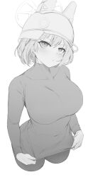 Rule 34 | 1girl, blue archive, blush, breasts, closed mouth, commentary, greyscale, halo, helmet, highres, large breasts, looking at viewer, monochrome, nine (kanine41), saki (blue archive), shirt, short hair, simple background, solo, white background