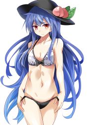 Rule 34 | 1girl, bikini, bikini pull, black panties, blue hair, bra, breasts, cleavage, clothes pull, collarbone, e.o., food, fruit, hat, highres, hinanawi tenshi, long hair, looking at viewer, navel, panties, panty pull, peach, red eyes, small breasts, solo, strap pull, swimsuit, touhou, underwear, undressing, very long hair, white bra