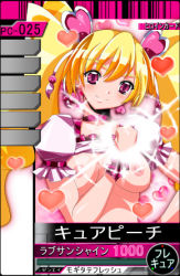 Rule 34 | 00s, 1girl, blonde hair, blush, breasts, card (medium), choker, cure peach, earrings, fresh precure!, functionally nude, hair ornament, hand on own hip, hassaku (rapidangel), heart, heart earrings, heart hair ornament, jewelry, long hair, looking at viewer, lowres, medium breasts, momozono love, nipples, pink background, pink eyes, precure, puffy sleeves, short sleeves, shrug (clothing), smile, twintails, wrist cuffs