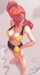 Rule 34 | 1girl, alternate hairstyle, beach, breasts, cleavage, collarbone, from above, hair over one eye, hand on own hip, highres, large breasts, navel, official alternate costume, parasoul (skullgirls), ponytail, red eyes, ryuji (red-truth), skullgirls, solo, starfish, sunglasses, swimsuit, water, yellow eyes