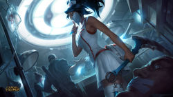 Rule 34 | 2girls, 3boys, akali, alternate costume, bare shoulders, bed, black hair, covered mouth, doctor, finger to mouth, glasses, gloves, green eyes, hat, highres, hospital, hospital bed, indoors, league of legends, light, long hair, looking at viewer, low-tied long hair, mask, mouth mask, multiple boys, multiple girls, nurse, nurse akali, nurse cap, official art, ponytail, rubber gloves, scalpel, shushing, sickle, skirt, surgeon, surgery, surgical mask, syringe, thighhighs, very long hair, weapon, white legwear