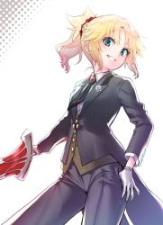 Rule 34 | 1girl, black jacket, black necktie, black pants, blonde hair, blush, braid, breasts, clarent (fate), commentary request, fate/apocrypha, fate (series), formal, gloves, green eyes, hair ornament, hair scrunchie, highres, holding, holding sword, holding weapon, jacket, long hair, long sleeves, looking at viewer, mordred (fate), mordred (fate/apocrypha), mordred (formal dress) (fate), mozu (peth), necktie, pants, ponytail, red scrunchie, scrunchie, shirt, smile, solo, suit, sword, weapon, white gloves, white shirt