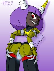 Rule 34 | ass, bob cut, breasts, dark skin, dynatron (mighty no. 9), horns, irregular fetishes, looking at viewer, medium breasts, mighty no. 9, nipples, purple hair, pussy, red eyes, robot