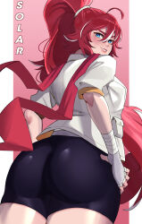 Rule 34 | ass, bike shorts, black shorts, blue eyes, borrowed character, canadiananiguy, ceroccb, character name, fingerless gloves, from behind, gloves, hair tie, highres, jacket, long hair, looking at viewer, looking back, original, ponytail, red hair, short shorts, shorts, very long hair, white jacket