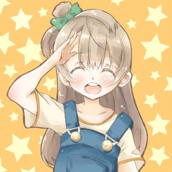Rule 34 | 10s, 1girl, :d, ^ ^, bow, closed eyes, facing viewer, green bow, grey hair, hair bow, long hair, love live!, love live! school idol festival, love live! school idol project, minami kotori, one side up, open mouth, orange background, overalls, salute, sanpo, short sleeves, smile, solo, star (symbol), starry background, upper body