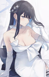 Rule 34 | 1girl, bare shoulders, black hair, blue archive, blue hair, breasts, cleavage, closed mouth, dress, elbow gloves, flower, gloves, grey eyes, hair flower, hair ornament, halo, hand up, highres, large breasts, long hair, looking at viewer, multicolored hair, official alternate costume, saori (blue archive), saori (dress) (blue archive), shiidap, sitting, solo, sweat, thighhighs, two-tone hair, white dress, white gloves, white thighhighs
