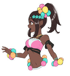 Rule 34 | 1girl, absurdres, bandeau, bare shoulders, black hair, breasts, brown eyes, camisole, commentary, cropped torso, dark-skinned female, dark skin, fire emblem, fire emblem engage, from side, grimmelsdathird, highres, medium breasts, midriff, navel, nintendo, open mouth, ponytail, profile, sidelocks, simple background, solo, stomach, timerra (fire emblem), upper body, white background