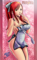 Rule 34 | 1girl, apron, breasts, brown eyes, copyright name, erza scarlet, fairy tail, finger to mouth, hair ribbon, kyoffie, ladle, long hair, naked apron, ponytail, red hair, ribbon, sideboob, solo