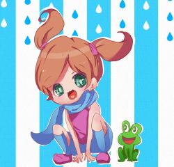 Rule 34 | 1girl, :3, ana (warioware), commentary request, dated commentary, eye contact, frog, green eyes, heart, heart in mouth, looking at another, meiwari, ninja, nintendo, open mouth, orange hair, scarf, short twintails, smile, squatting, striped, striped background, twintails, warioware