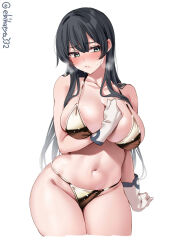 Rule 34 | 1girl, agano (kancolle), arm between breasts, averting eyes, between breasts, bikini, black hair, blush, breasts, cleavage, closed mouth, collarbone, cowboy shot, cropped legs, ebifurya, embarrassed, gloves, gold bikini, green eyes, groin, hair between eyes, highres, kantai collection, large breasts, long hair, navel, simple background, solo, swimsuit, twitter username, white background, white gloves