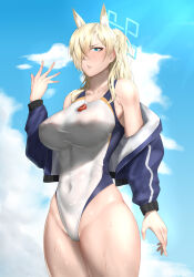 1girl absurdres animal_ear_fluff animal_ears blonde_hair blue_archive blue_eyes blue_halo blue_jacket blue_sky breasts cloud competition_swimsuit covered_navel dog_ears dog_girl extra_ears hair_over_one_eye halo highleg highleg_one-piece_swimsuit highres jacket kanna_(blue_archive) kanna_(swimsuit)_(blue_archive) large_breasts long_hair looking_at_viewer notched_ear official_alternate_costume one-piece_swimsuit open_clothes open_jacket ponytail red_whistle sharp_teeth sky solo swimsuit teeth whistle whistle_around_neck white_one-piece_swimsuit yui_(littles19)