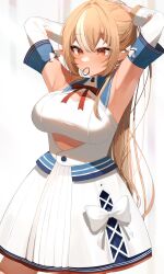 Rule 34 | 1girl, armpits, blonde hair, bow, breasts, cleavage cutout, clothing cutout, detached sleeves, dress, hair tie in mouth, highres, hololive, large breasts, long hair, mikukana133, mouth hold, orange eyes, shiranui flare, shiranui flare (1st costume), tying hair, virtual youtuber, white dress
