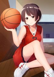 Rule 34 | 1girl, absurdres, ball, basketball, basketball (object), basketball uniform, bike shorts, black eyes, breasts, brown hair, clothes writing, commentary request, highres, holding, holding ball, hoshimiya aki, indoors, medium breasts, moe2017, original, shoes, short hair, shorts, smile, sneakers, solo, sportswear, uniform