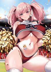 Rule 34 | 1girl, atlanta (kancolle), blush, breasts, brown hair, cheering, cheerleader, cowboy shot, day, earrings, grey eyes, groin, highres, holding, holding pom poms, jewelry, kantai collection, kyogoku shin, large breasts, long hair, looking at viewer, navel, open mouth, outdoors, pom pom (cheerleading), pom poms, single earring, solo, star (symbol), star earrings, thighhighs, two side up, underboob, white thighhighs