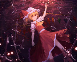Rule 34 | 1girl, arm up, ascot, bad id, bad pixiv id, blonde hair, closed mouth, flandre scarlet, hat, hat ribbon, highres, lo-ta, long hair, long skirt, looking at viewer, lying, mob cap, partially submerged, planted, planted sword, planted weapon, red eyes, red ribbon, red skirt, ribbon, skirt, skirt set, solo, sword, touhou, vest, weapon, white hat, wings