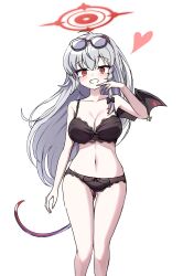Rule 34 | 1girl, absurdres, black wings, blue archive, breasts, cleavage, demon girl, demon tail, demon wings, eyewear on head, grey hair, halo, haruna (blue archive), heart, highres, large breasts, red eyes, red halo, simple background, solo, sunglasses, swimsuit, tail, thighs, underwear, underwear only, white background, wings, yukki bunny