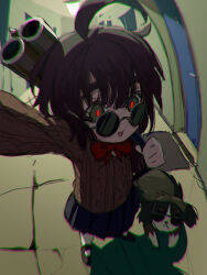 Rule 34 | &gt;:(, 1girl, :d, @ @, absurdres, ahoge, arm up, bell ringing, black hair, blind girl (popopoka), bow, bowtie, cable knit, carrying, chromatic aberration, dog, double-barreled shotgun, foreshortening, from above, glowing, glowing eyes, green eyes, gun, highres, holding strap, indoors, jean bomjan, knit sweater, looking over eyewear, medium hair, open mouth, original, peeking, pleated skirt, pov peephole, red bow, red bowtie, round eyewear, shotgun, shoulder carry, skirt, smile, socks, solo, sunglasses, thick eyebrows, v-shaped eyebrows, weapon, white socks