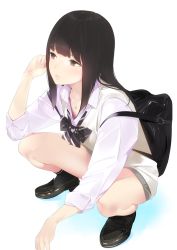 Rule 34 | 1girl, ama mitsuki, backpack, bag, black bow, black bowtie, black eyes, black footwear, black hair, black socks, bow, bowtie, buttons, collared shirt, commentary request, dated, dress shirt, grey skirt, hand up, jewelry, loafers, long hair, long sleeves, looking away, miniskirt, necklace, original, parted lips, school uniform, shadow, shirt, shoes, simple background, skirt, sleeves rolled up, socks, solo, squatting, striped bow, striped bowtie, striped clothes, striped neckwear, sweater vest, thighs, twitter username, vest, white background, white shirt, white vest
