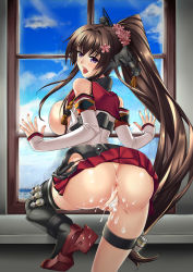 Rule 34 | 10s, 1girl, aftersex, against window, anchor, anus, ass, bad id, bad pixiv id, black thighhighs, blush, breasts, brown hair, cherry blossoms, clothes lift, cum, cum in pussy, cum on ass, cumdrip, detached sleeves, flower, hair flower, hair ornament, headgear, highres, kantai collection, large breasts, long hair, miniskirt, open mouth, ponytail, purple eyes, pussy, reflection, shirokuma a, single thighhigh, skirt, skirt lift, solo, thighhighs, uncensored, very long hair, yamato (kancolle)