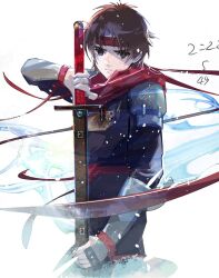 Rule 34 | 1boy, arc (arc the lad), arc the lad, armor, brown eyes, brown hair, closed mouth, cofffee, headband, looking at viewer, male focus, protected link, scarf, short hair, solo, sword, weapon, white background