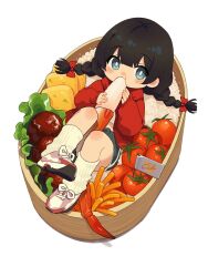 Rule 34 | 1girl, artist name, bento, black hair, blue eyes, blue shorts, blunt bangs, blush, bow, braid, bright pupils, cardigan, cherry tomato, chibi, crab, dolphin shorts, eating, fiodo, food focus, food in mouth, from above, full body, hair bow, highres, kneehighs, legs up, lettuce, long hair, looking to the side, loose socks, low twin braids, lunchbox, lying, midriff, mini flag, on back, original, oversized food, oversized object, red bow, red cardigan, red footwear, rice, shirt, shoes, short shorts, shorts, sneakers, socks, solo, tomato, transparent background, twin braids, white pupils, white shirt, white socks