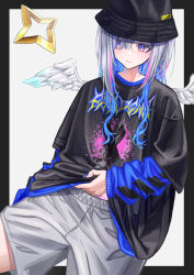 Rule 34 | 1girl, absurdres, amane kanata, angel, angel wings, bad id, bad twitter id, blue hair, blush, colored inner hair, halo, hat, highres, hololive, kmgrru, looking at viewer, multicolored hair, open mouth, purple eyes, short hair, silver hair, smile, solo, star halo, streaked hair, virtual youtuber, wings