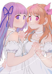 Rule 34 | 2girls, absurdres, aikatsu!, aikatsu! (series), bare shoulders, blue ribbon, blunt bangs, blush, bow, braid, choker, clenched hand, close-up, collarbone, crown braid, detached sleeves, dress, expressionless, frilled dress, frills, geshumaro, hair bow, hair over shoulder, hair ribbon, hand on another&#039;s hip, heart, highres, hikami sumire, holding hands, interlocked fingers, long hair, looking at viewer, multiple girls, ozora akari, orange hair, pink bow, pink eyes, purple eyes, purple hair, ribbon, short sleeves, simple background, smile, spaghetti strap, upper body, white background, white choker