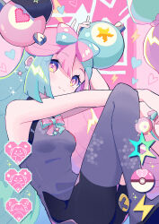 Rule 34 | 1girl, absurdres, bow-shaped hair, breasts, character hair ornament, creatures (company), game freak, grey pantyhose, hair ornament, haru (haruxxe), hexagon print, highres, iono (pokemon), long hair, looking at viewer, low-tied long hair, multicolored hair, nintendo, pantyhose, pink hair, pokemon, pokemon sv, single leg pantyhose, sleeveless, smile, solo, split-color hair, two-tone hair