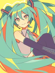 Rule 34 | 1girl, aqua eyes, aqua hair, aqua necktie, black footwear, black sleeves, boots, closed mouth, collared shirt, commentary, detached sleeves, grey shirt, hatsune miku, headphones, headset, highres, isono skyk, long sleeves, microphone, necktie, shirt, simple background, sitting, smile, solo, thigh boots, twintails, vocaloid, yellow background