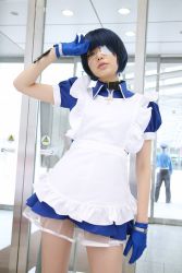 Rule 34 | 1girl, apron, asian, blue eyes, blue gloves, blue hair, collar, color contacts, contrapposto, cosplay, cross, eyepatch, gloves, highres, ikkitousen, indoors, looking at viewer, maid, maid apron, namada, photo (medium), puffy short sleeves, puffy sleeves, ryomou shimei, ryomou shimei (cosplay), short sleeves, solo, standing