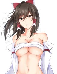 Rule 34 | 1girl, bad id, bad twitter id, bare shoulders, bow, breasts, brown eyes, brown hair, budget sarashi, chest sarashi, cleavage, collarbone, commentary request, detached sleeves, hair between eyes, hair bow, hair tubes, hakurei reimu, head tilt, highres, large breasts, long sleeves, looking at viewer, medium hair, midriff, navel, parted lips, red bow, sarashi, sidelocks, simple background, solo, stomach, strapless, touhou, tube top, upper body, watarase piro, white background, wide sleeves