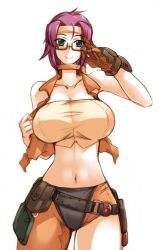 Rule 34 | 1girl, breasts, glasses, haganef, huge breasts, lily leanbell, looking at viewer, midriff, purple hair, smile, solo