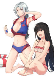 Rule 34 | 2girls, :o, adapted costume, arm up, armband, armpits, ass, bare arms, bare legs, bare shoulders, barefoot, bikini, black hair, blue bikini, blue eyes, braid, breasts, cleavage, collarbone, commentary request, frilled bikini, frills, full body, halterneck, highres, holding, houraisan kaguya, hsin, indian style, innertube, kneeling, large breasts, long hair, looking at another, lotion, multicolored bikini, multicolored clothes, multiple girls, navel, no headwear, open mouth, parted lips, pink bikini, red bikini, red eyes, silver hair, simple background, sitting, small breasts, stomach, sunscreen, swim ring, swimsuit, thighs, touhou, underboob, very long hair, white background, yagokoro eirin