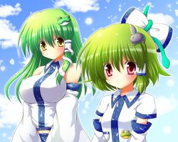 Rule 34 | 2girls, bow, breasts, character request, child, cloud, day, detached sleeves, female focus, frog, frog hair ornament, green hair, hair ornament, impossible clothes, impossible shirt, kochiya sanae, large breasts, long hair, midriff, multiple girls, navel, original, osashin (osada), red eyes, shirt, short hair, sky, smile, snake, touhou, yellow eyes