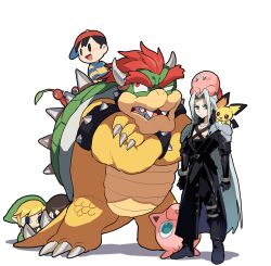 Rule 34 | animal, animal crossing, animal on head, animal on shoulder, armor, baseball cap, belt, belt buckle, black coat, black eyes, black footwear, black gloves, black hair, black pants, blonde hair, blue eyes, boots, bowser, bracelet, brown hair, buckle, claws, coat, collar, creatures (company), crossed arms, expressionless, final fantasy, final fantasy vii, game freak, gen 1 pokemon, gen 2 pokemon, gloves, green eyes, green headwear, green shirt, grey hair, hat, hiding, hiding behind another, high collar, highres, holding on, jewelry, jigglypuff, kirby, kirby (series), knee boots, link, long coat, long hair, long sleeves, male focus, mario (series), mother (game), mother 2, multiple boys, ness (mother 2), nintendo, nt 26, on head, on shoulder, open mouth, pants, parted bangs, pauldrons, pichu, pikmin (creature), pikmin (series), pointy ears, pokemon, pokemon (creature), pokemon on shoulder, red eyes, red hair, red headwear, red pikmin, reptile, riding, scales, sephiroth, shell, shirt, short hair, short sleeves, shoulder armor, slit pupils, smile, spiked bracelet, spiked collar, spiked hair, spiked shell, spikes, squatting, standing, striped clothes, striped shirt, super smash bros., the legend of zelda, toon link, turtle shell, villager (animal crossing), white background