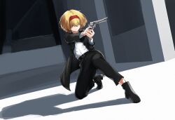 Rule 34 | 1girl, aiming, alice margatroid, belt, black belt, black coat, black footwear, black pants, blonde hair, boots, closed mouth, coat, collared shirt, commentary request, cookie (touhou), expressionless, formal, full body, gun, hair between eyes, hair over eyes, hairband, handgun, highres, holding, holding gun, holding weapon, jigen (cookie), long bangs, long sleeves, on one knee, open clothes, open coat, pants, red hairband, revolver, shadow, shirt, short hair, solo, suit, touhou, traveler hxy, weapon, white shirt