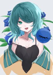 Rule 34 | 1girl, black negligee, blue flower, blue rose, breasts, cleavage, eyeball, flower, green eyes, green hair, hair over one eye, heart, heart-shaped pupils, highres, komeiji koishi, kuro wa shinoru, leaf, lingerie, looking at viewer, negligee, open mouth, partially undressed, rose, shirt, small breasts, smile, solo, strap slip, symbol-shaped pupils, third eye, touhou, underwear, yellow shirt