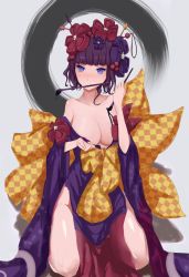 Rule 34 | 1girl, absurdres, areola slip, blue eyes, blunt bangs, blush, bow, breasts, calligraphy brush, fate/grand order, fate (series), flower, hair flower, hair ornament, highres, ink, japanese clothes, katsushika hokusai (fate), kimono, kneeling, large breasts, looking at viewer, looking back, miianya, mouth hold, paintbrush, purple eyes, short hair, sitting