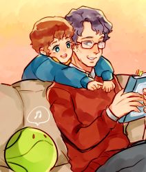 Rule 34 | 2boys, absurdres, amuro ray, blue eyes, brown hair, bulecelup, father and son, glasses, gundam, haro, highres, mobile suit gundam, multiple boys, musical note, robot, sitting, tem ray, aged down